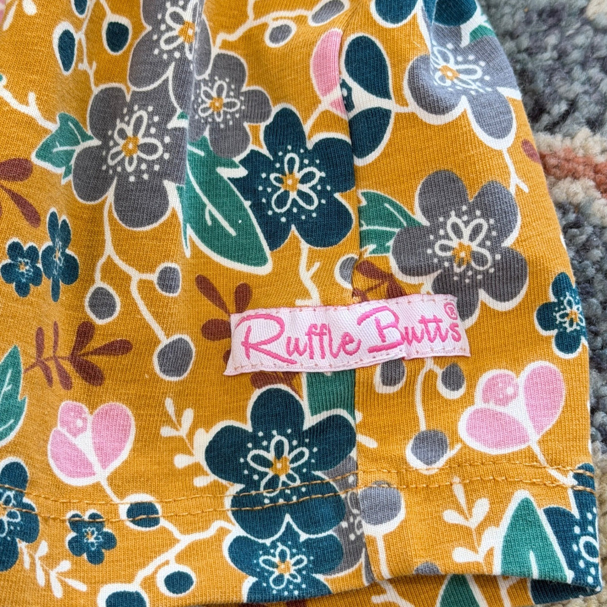 RuffleButts Dress Girls 3-6M Mustard Yellow Floral Ruffle Boho EUC1