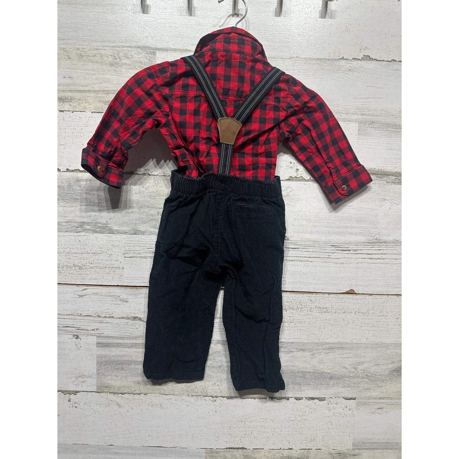 Just One You Outfit Set Boys 9M Red Buffalo Plaid Corduroy Suspenders EUC1
