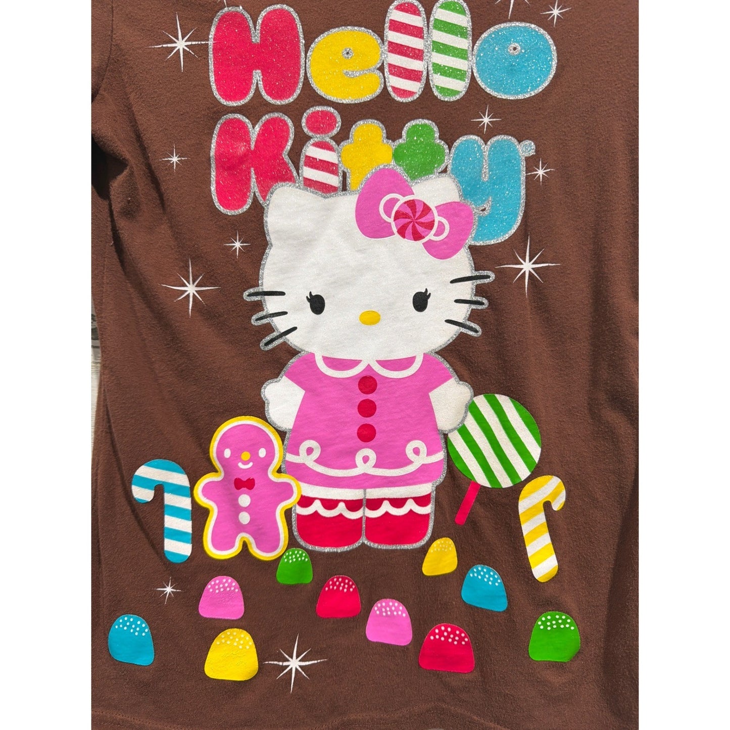 Sanrio Hello Kitty Shirt Girls 10/12 Brown Glitter Graphic Kidcore 20121