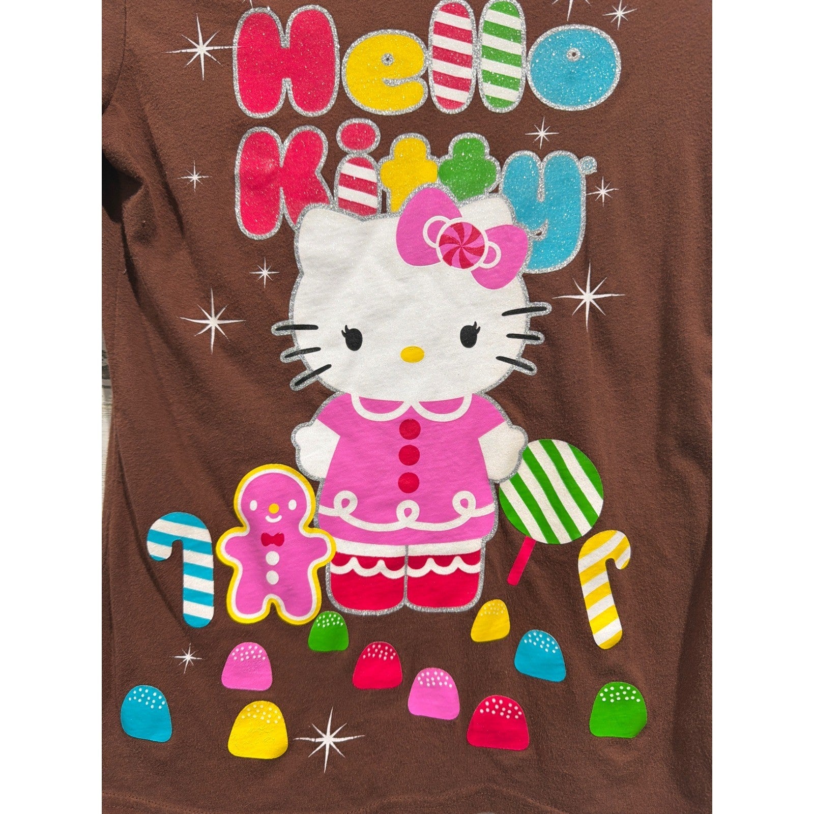 Sanrio Hello Kitty Shirt Girls 10/12 Brown Glitter Graphic Kidcore 20121