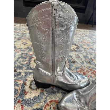 Silver Western Cowboy Boots Girls 3 Metallic Embroidered Pull On GUC7