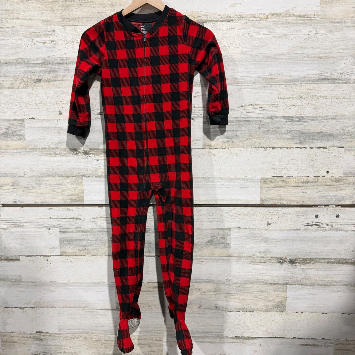 Carter's Buffalo Plaid Footed Pajamas Boys 7 Red Black Fleece Holiday Classic0