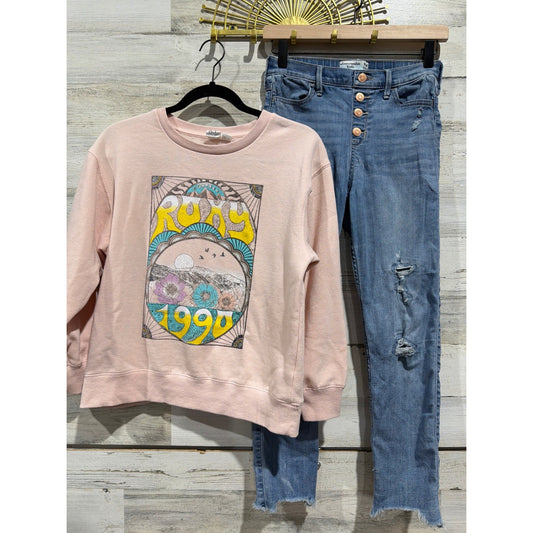 Roxy Abercrombie Kids Outfit Set 12/14 Pink Blue Graphic Distressed Boho EUC0