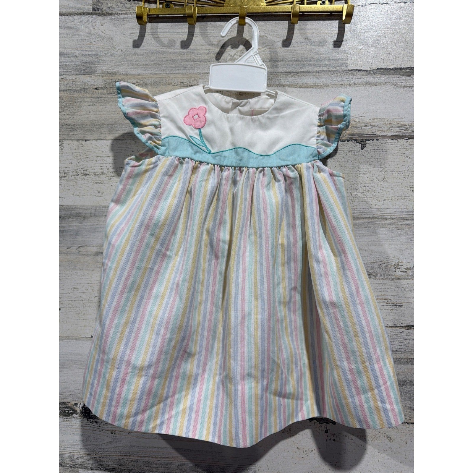 Vintage Dress Girls 4T Pastel Stripe Flutter Sleeve Flower0