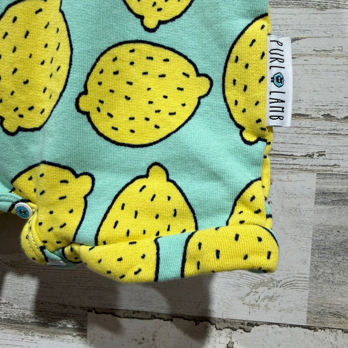 Purl Lamb Hooded Romper Kids 12/18M Mint Lemon Print Fruitcore EUC1