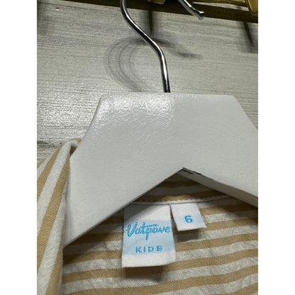 Vatpave Button Down Shirt Boys Size 6 Tan White Striped Short Sleeve EUC1
