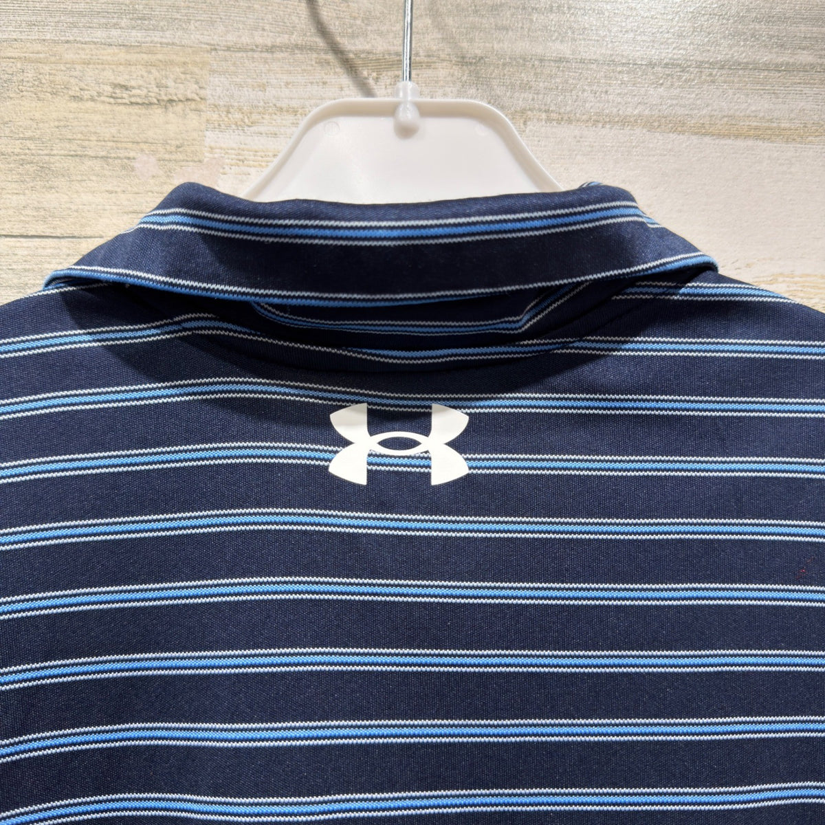 Under Armour Polo Shirt Boys Size 7 Navy Blue Striped Activewear Sporty EUC4