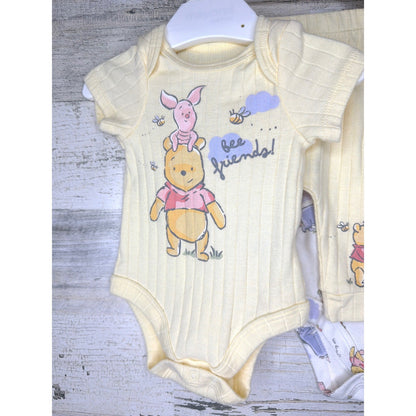 Disney Old Navy Winnie the Pooh Baby Bundle NB 0-3M Yellow Tan Ribbed EUC1