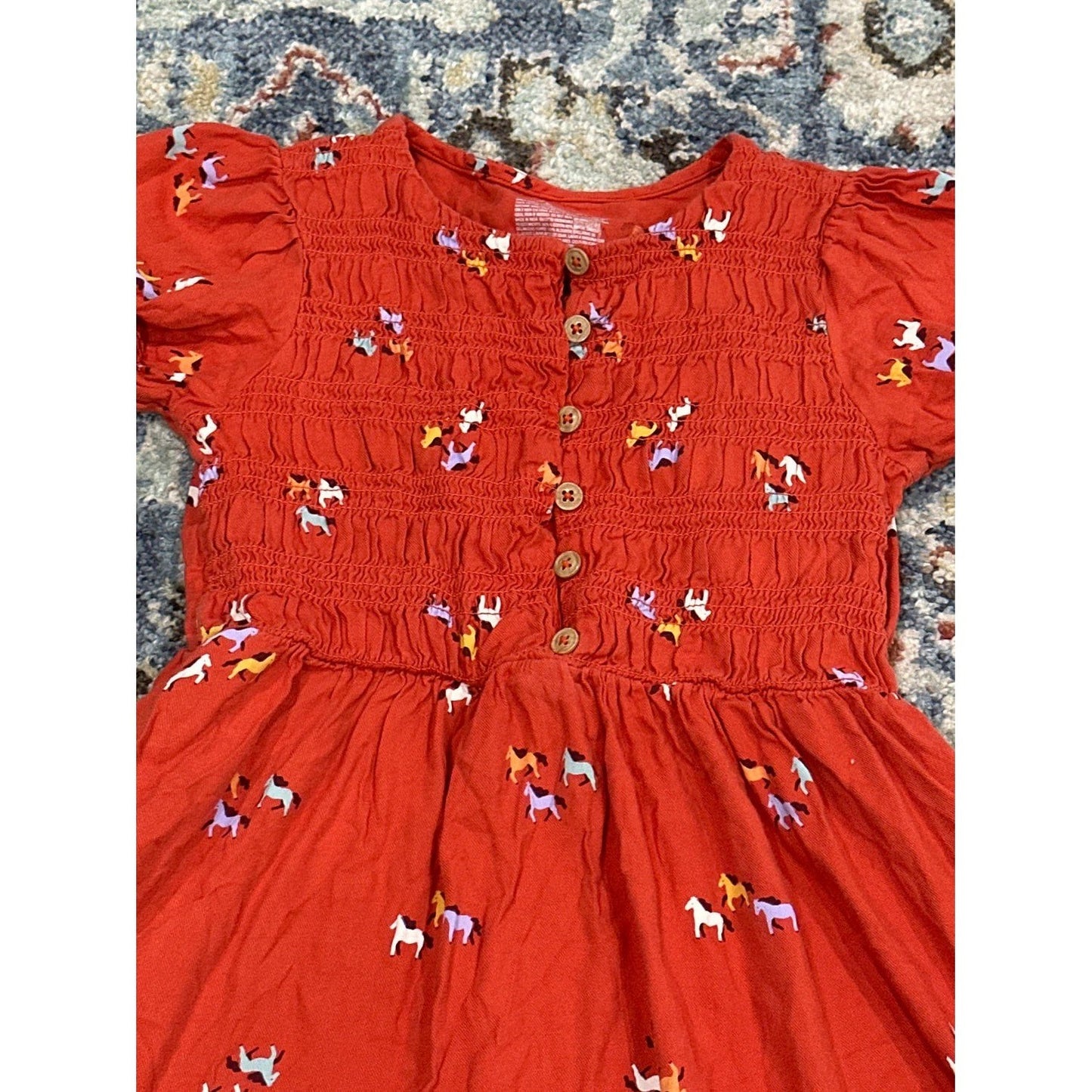 Cat & Jack Horse Print Dress Girls 8 Orange Smocked Puff Sleeve EUC1