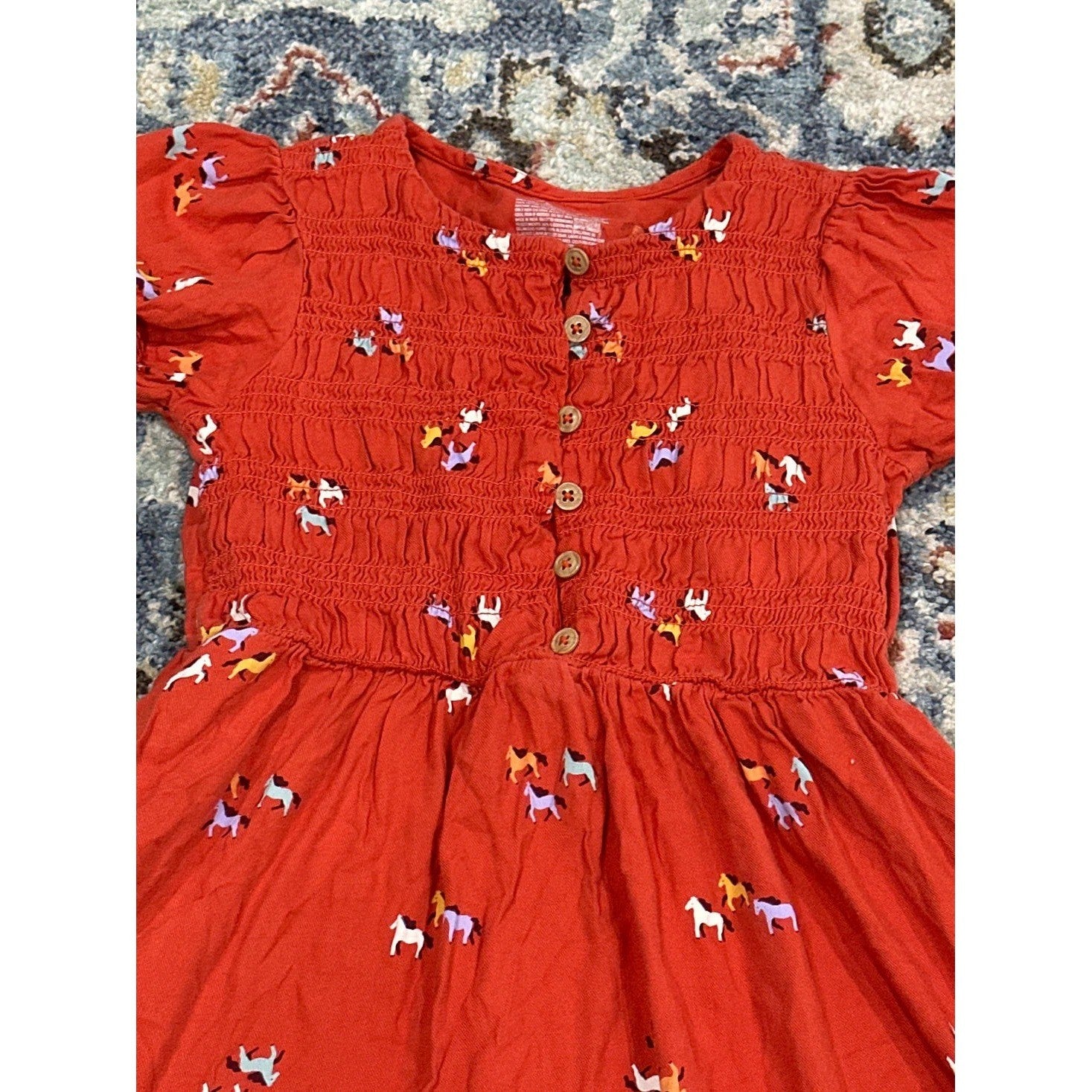 Cat & Jack Horse Print Dress Girls 8 Orange Smocked Puff Sleeve EUC1