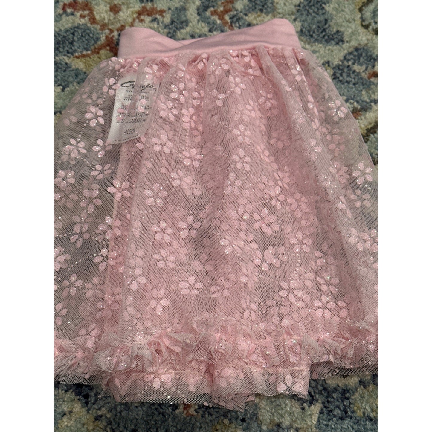 Capezio Dance Skirt Girls Large Pink Glitter Floral Ruffle Ballet EUC2