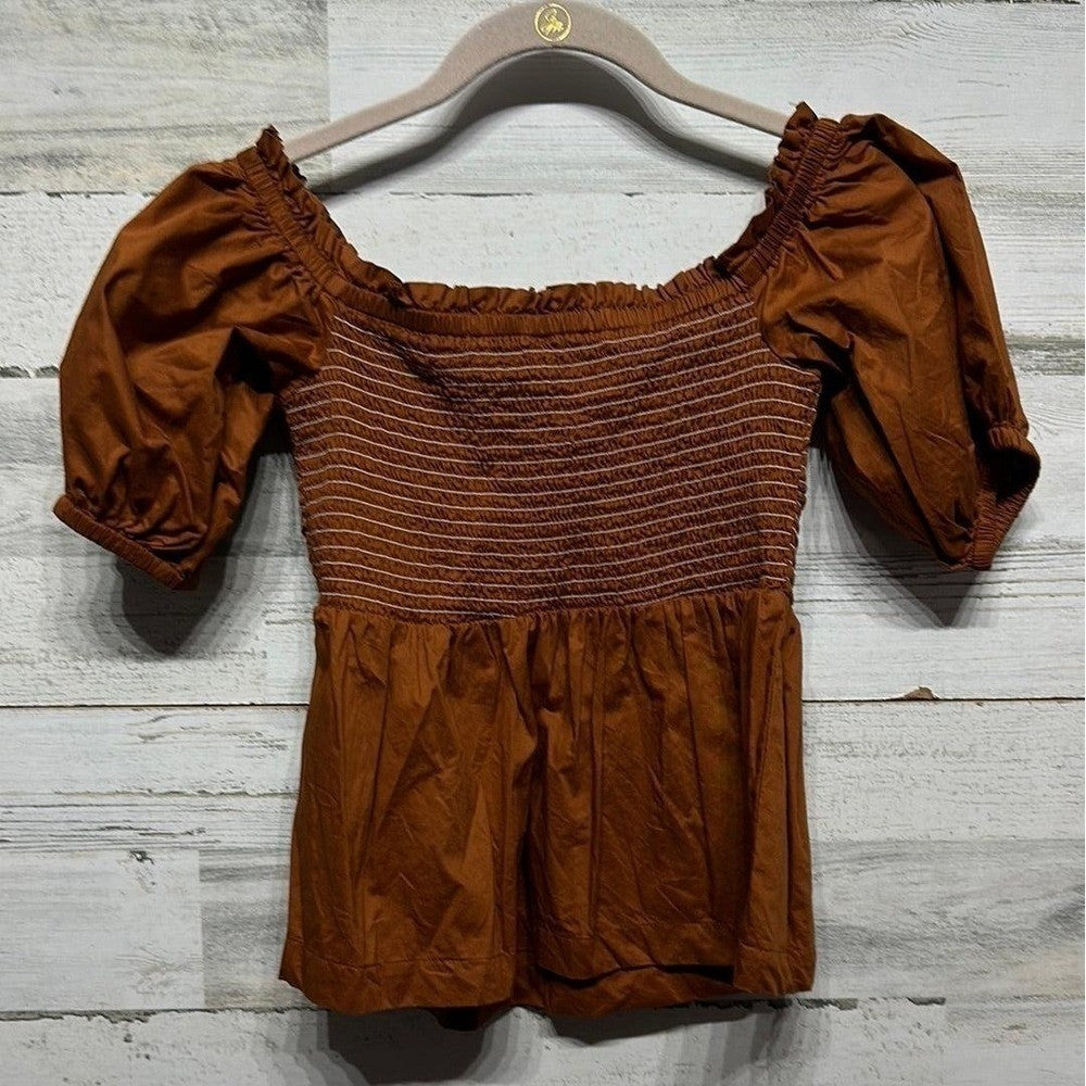 Old Navy Smocked Peplum Top Women Size S Rust Brown Puff Sleeve EUC2