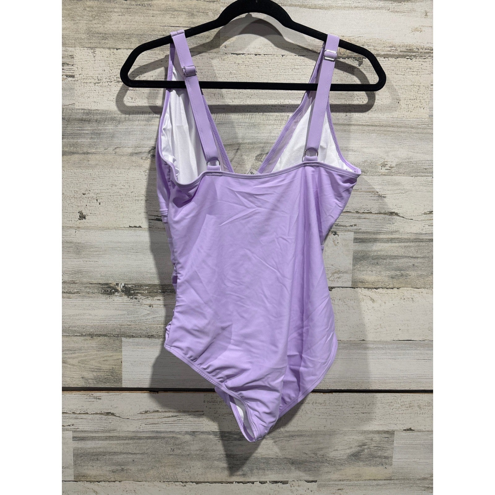 One Piece Swimsuit Women L Purple Mesh Inset Ruched Plunge EUC1