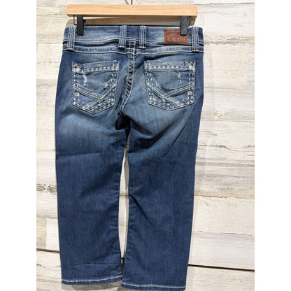 BKE Stella Capri Jeans Women 27 Blue Distressed Contrast Stitch Y2K EUC2