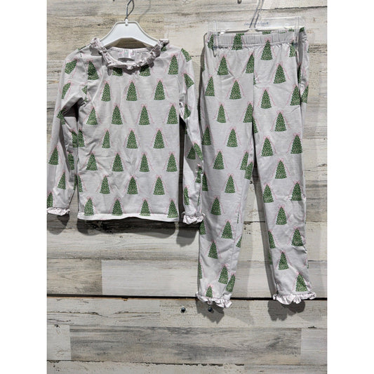 Cecil and Lou Pajama Set Girls 6 White Christmas Tree Ruffle Holiday GUC*0