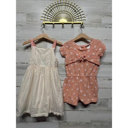 Rachel Zoe Dress Romper Set Girls 5 Pink Cream Metallic Floral Boho EUC0