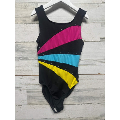 Moret Active Leotard Girls 8-10 Black Pink Blue Rhinestone Colorblock EUC1