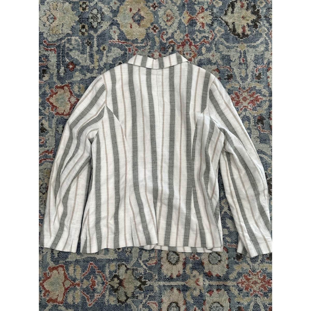 Gaudie Striped Blazer Women Large White Grey Tan Coastal Interview Two Button4