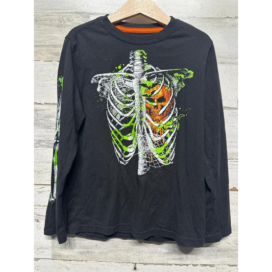 Skeleton Long Sleeve Shirt Boys 8 Black Pumpkin Graphic EUC0