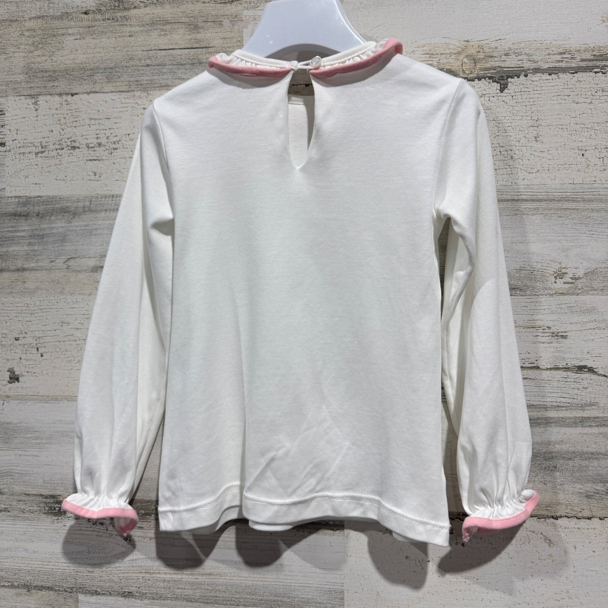 James & Lottie Ruffle Collar Top Girls Size 5 White Pink Pima Cotton Classic EUC2
