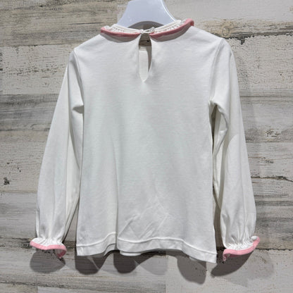 James & Lottie Ruffle Collar Top Girls Size 5 White Pink Pima Cotton Classic EUC2
