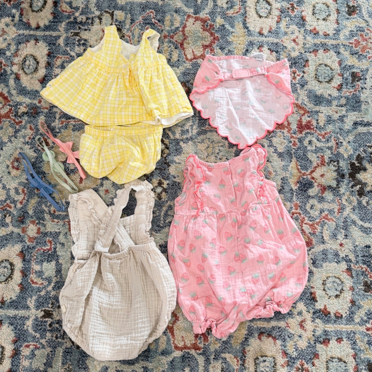 Baby Gap Burts Bees Cloud Island Girls 3-6M Yellow Pink Cream Romper Bundle EUC6