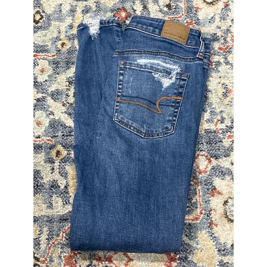American Eagle Super Hi-Rise Jegging Women 4 Short Blue Distressed Jeans0