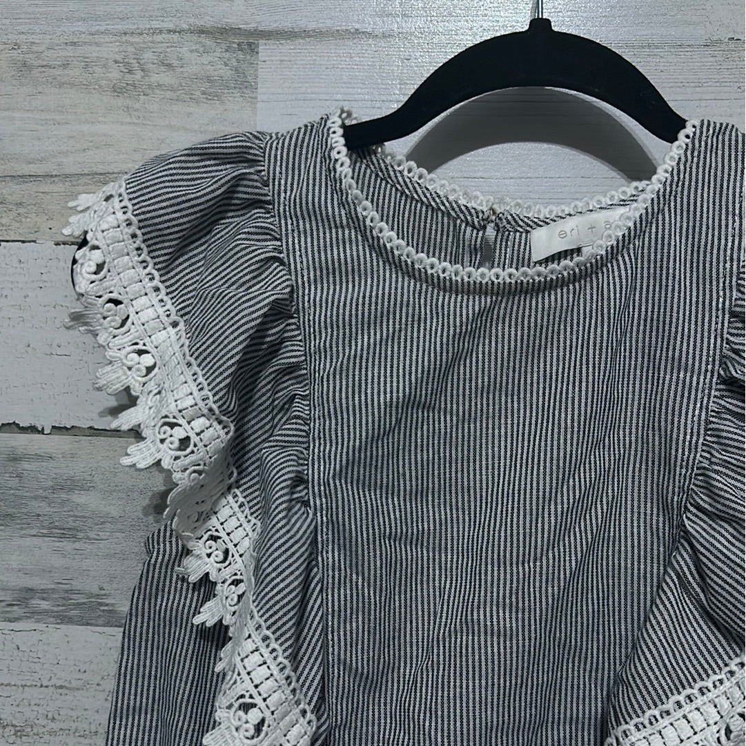 Eri + Ali Ruffle Blouse Women Small Blue White Striped Lace Trim EUC1