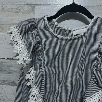 Eri + Ali Ruffle Blouse Women Small Blue White Striped Lace Trim EUC1
