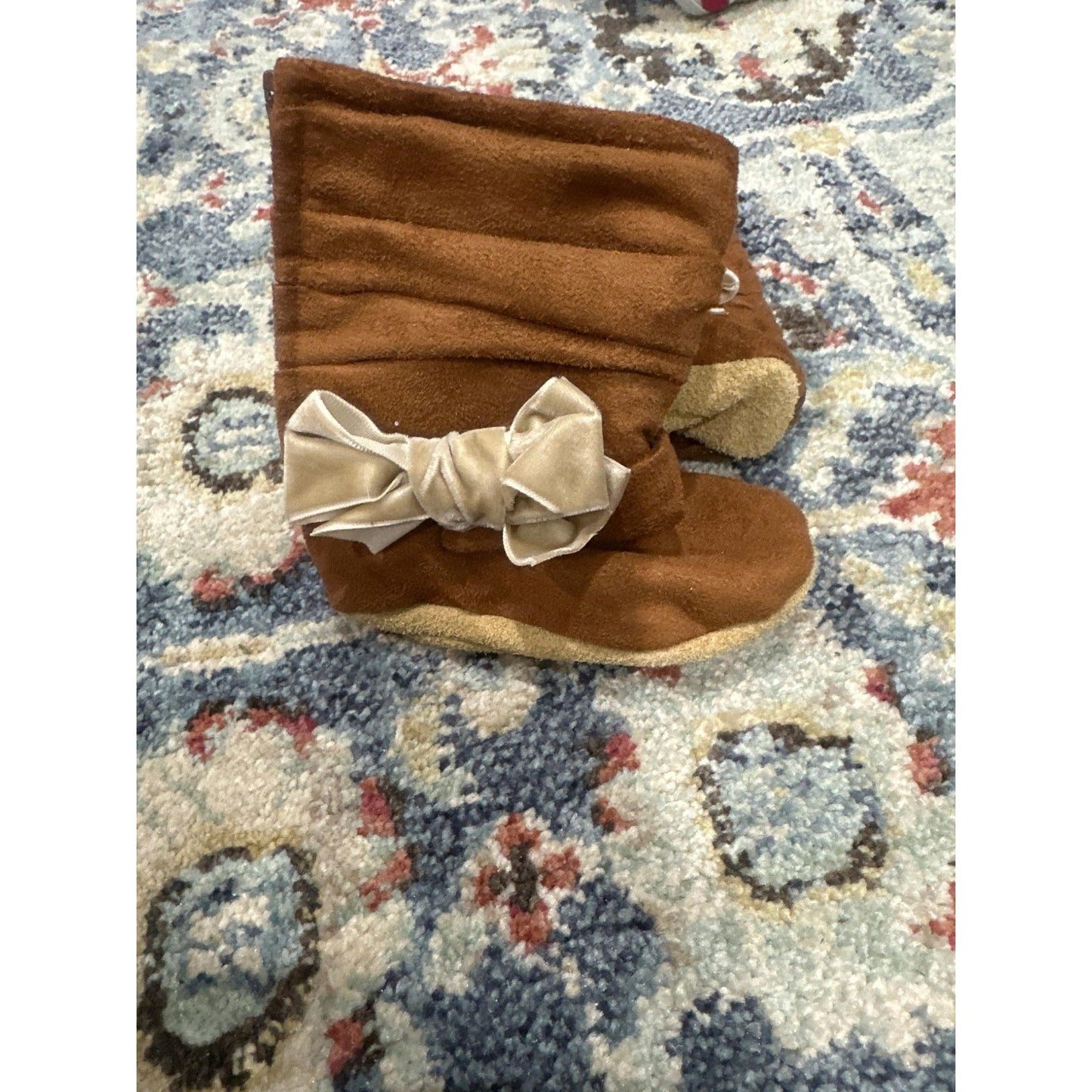Gracious May Boots Girls 12-18m Brown Velvet Bow Slouchy Suede Soft Sole2