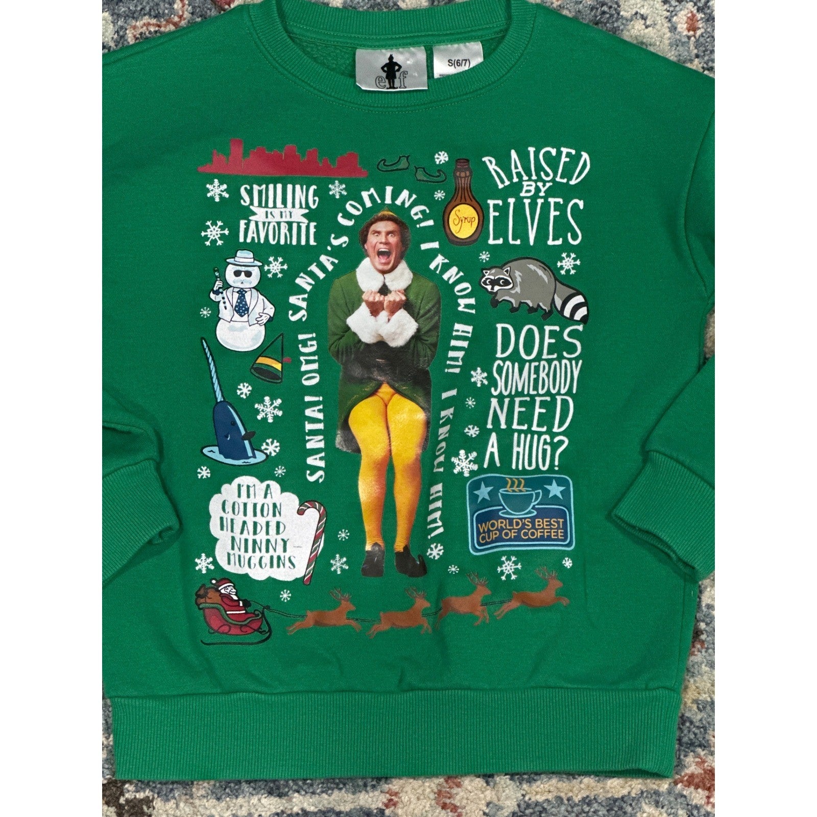 Elf Movie Graphic Sweatshirt Kids S 6/7 Green Christmas Holiday GUC0