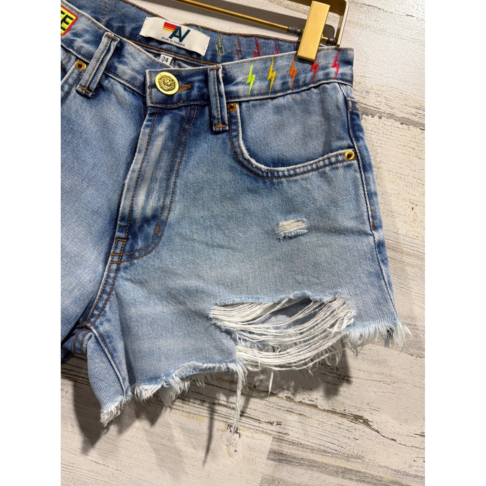 Aviation Nation Denim Shorts Women 24 Blue Distressed Patch Lightning Bolt*3