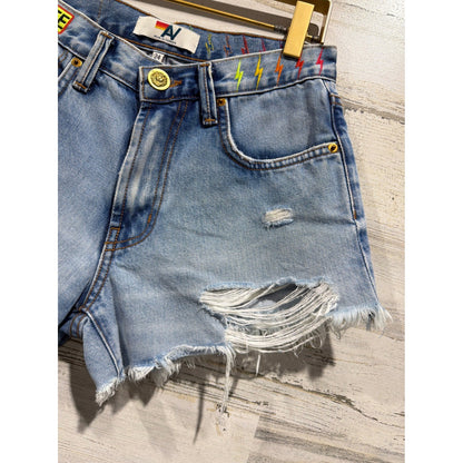 Aviation Nation Denim Shorts Women 24 Blue Distressed Patch Lightning Bolt*3