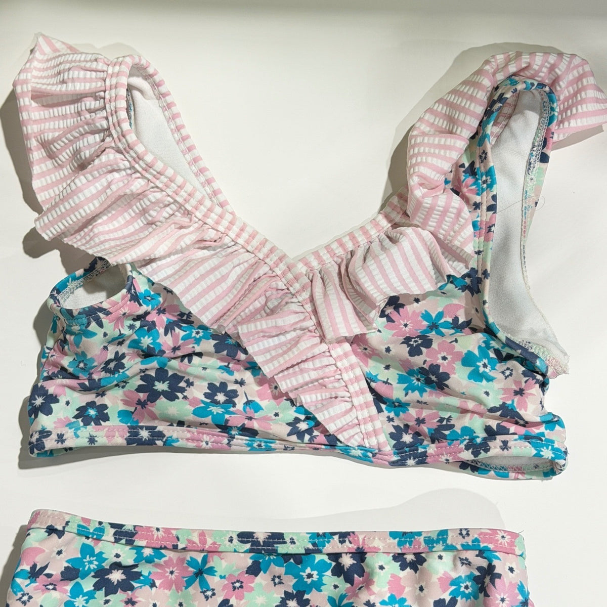 Ruffle Butts Bikini Swimsuit Girls 4T Pink Blue Floral Seersucker Core GUC*1