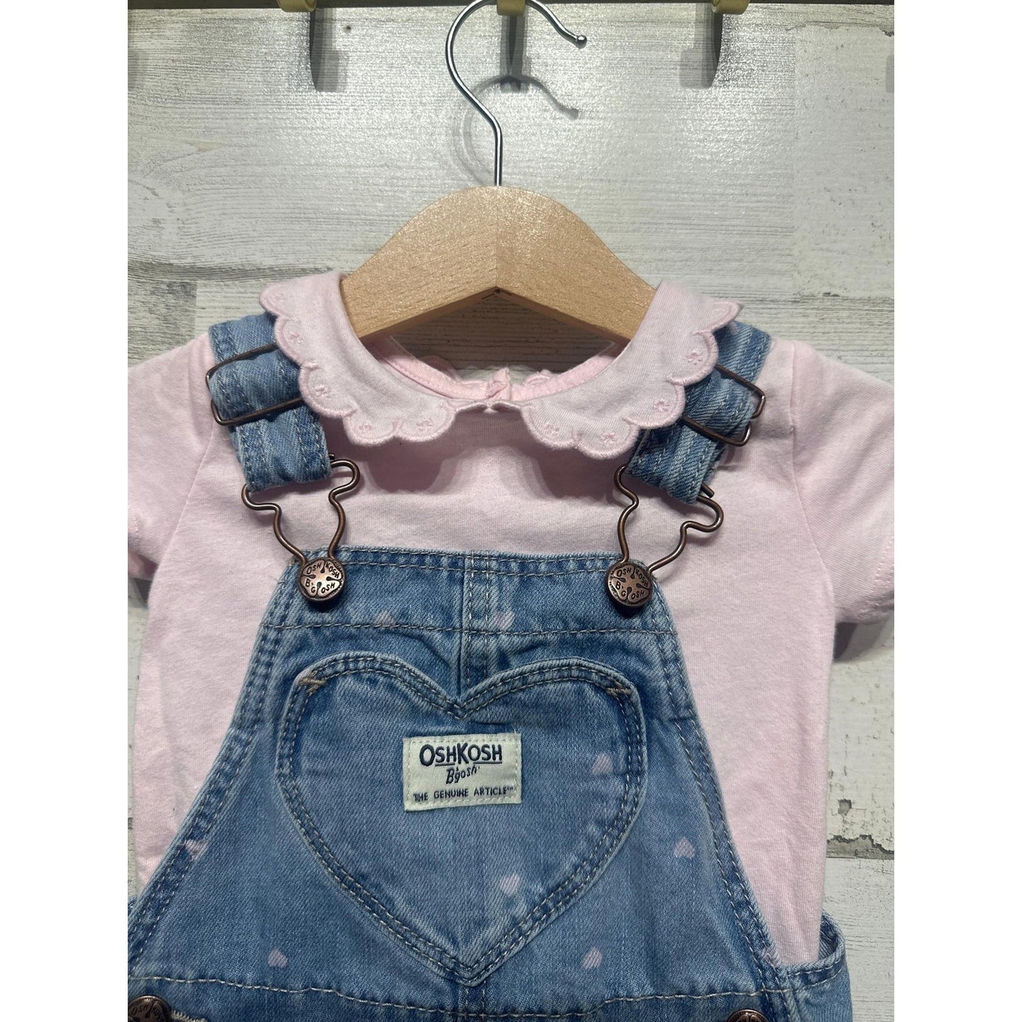 OshKosh B'gosh Overalls Set Girls 12M Blue Pink Heart Print Scallop Collar EUC1