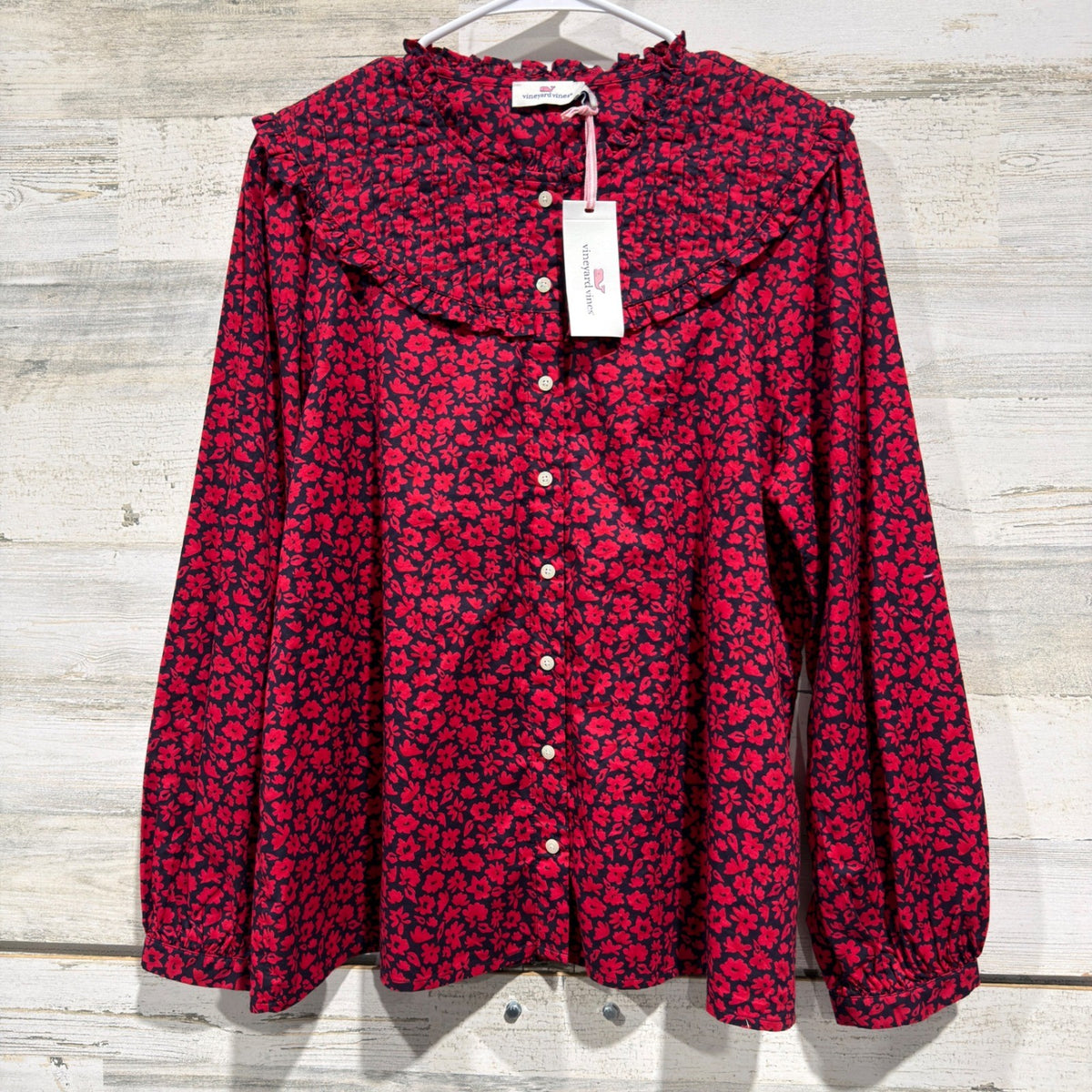 Vineyard Vines Wildflowers Pleated Yoke Top Women 12 Red Floral Preppy NWT0
