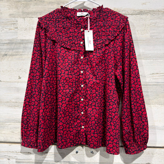 Vineyard Vines Wildflowers Pleated Yoke Top Women 12 Red Floral Preppy NWT0
