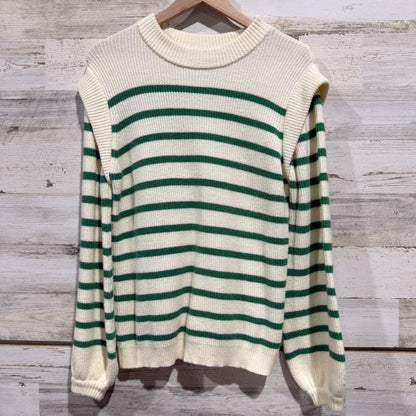 PrettyGarden Sweater Women S Green White Striped Cap Sleeve Detail Preppy EUC0