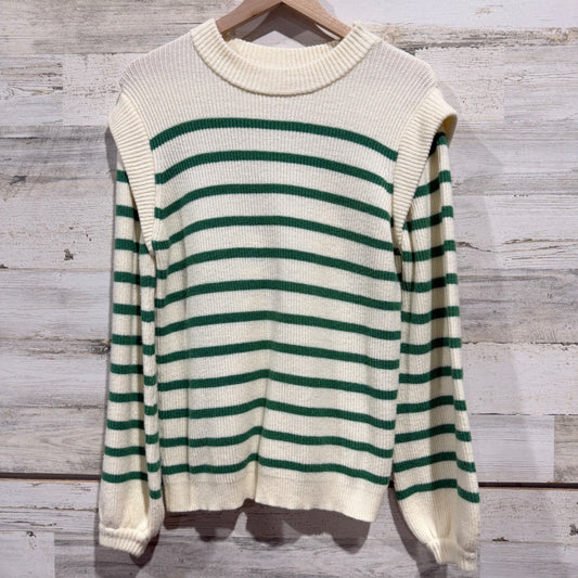 PrettyGarden Sweater Women S Green White Striped Cap Sleeve Detail Preppy EUC0