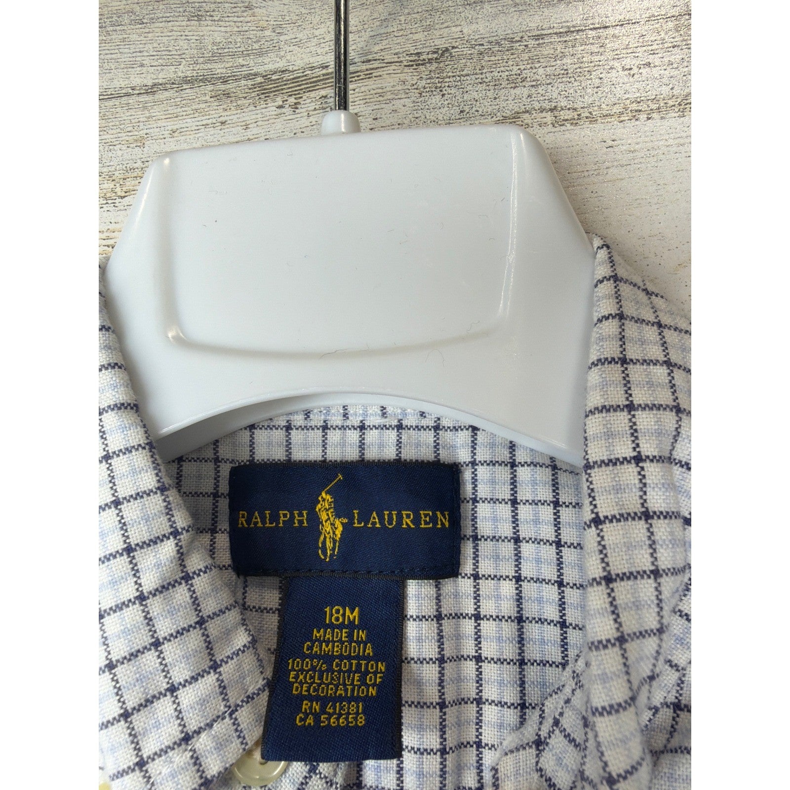 Ralph Lauren Button Up Shirt Boys 18M White Blue Plaid Cotton Preppy EUC2