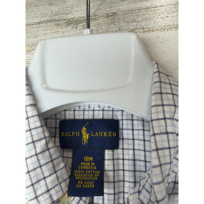 Ralph Lauren Button Up Shirt Boys 18M White Blue Plaid Cotton Preppy EUC2