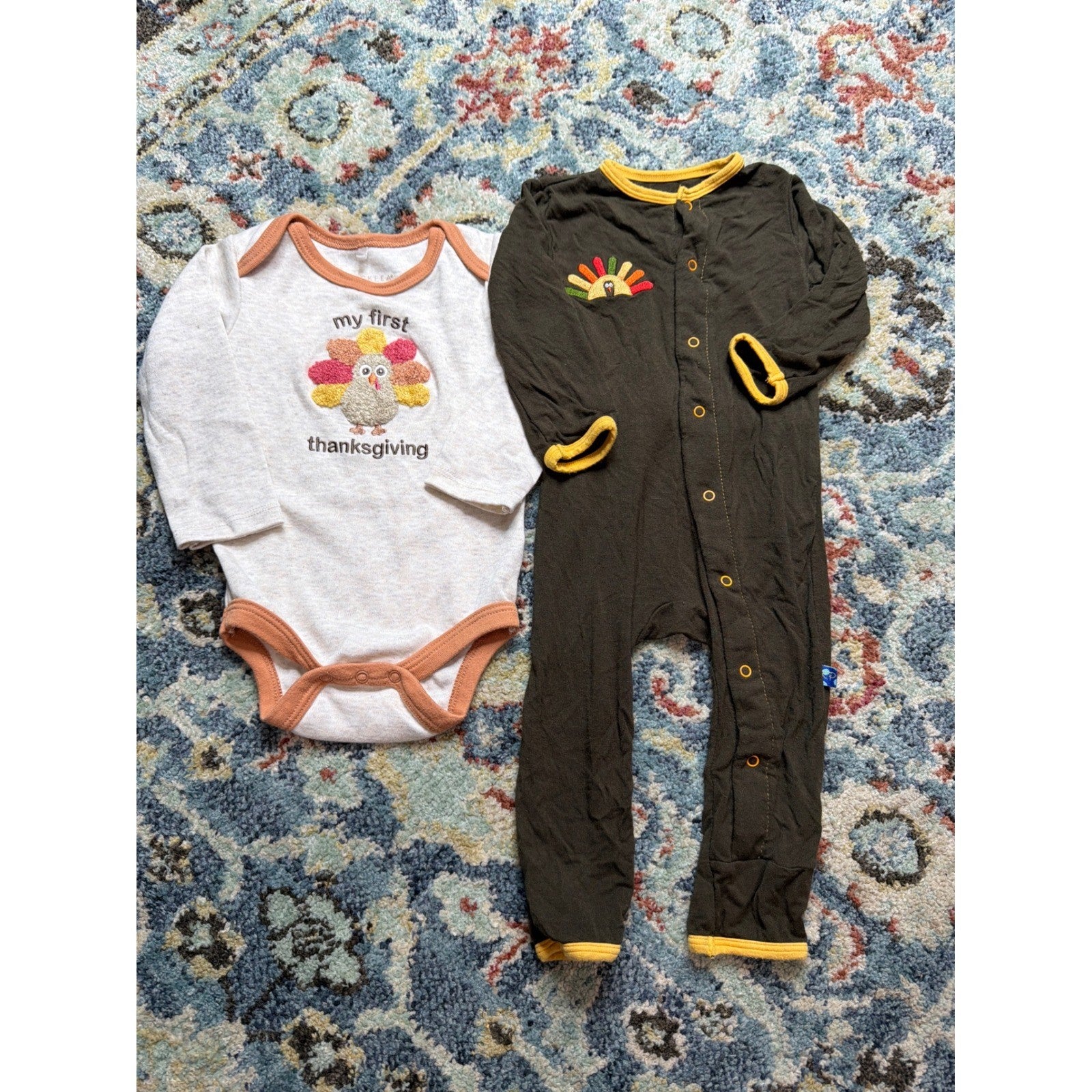 Kickee Pants Chick Pea Romper Bodysuit Boys 6-9M Brown White Thanksgiving EUC0