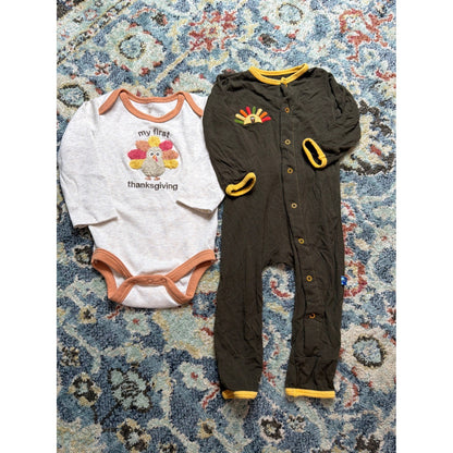 Kickee Pants Chick Pea Romper Bodysuit Boys 6-9M Brown White Thanksgiving EUC0