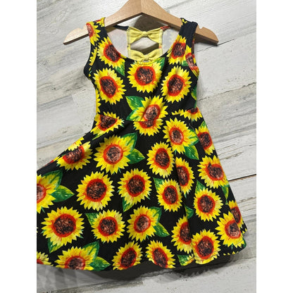Boutique Sunflower Skater Dress Girls 2T Black Yellow Bow Back EUC2