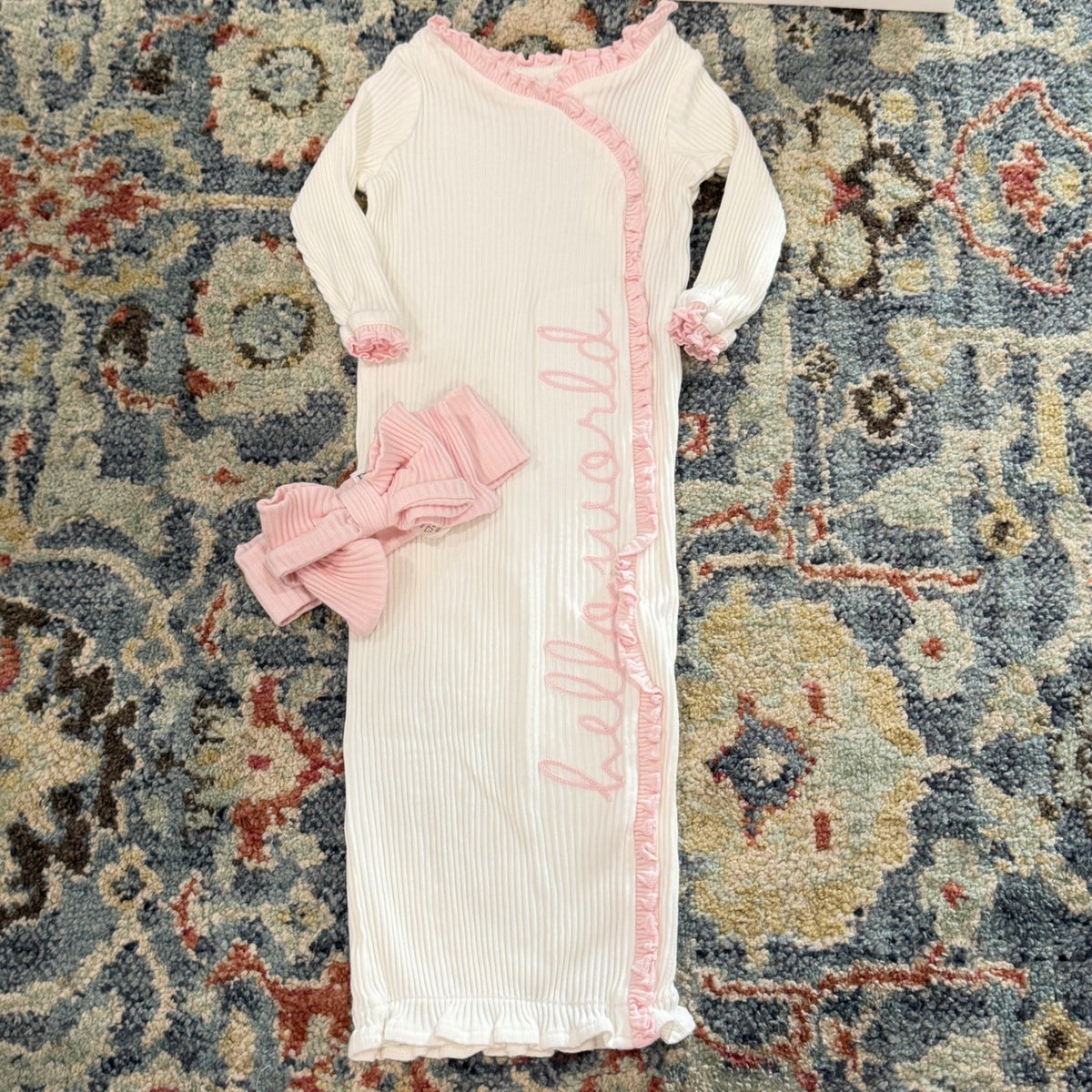 Mud Pie Hello World Sleeper Gown Girls 0-3M White Pink Ruffle Ribbed EUC1