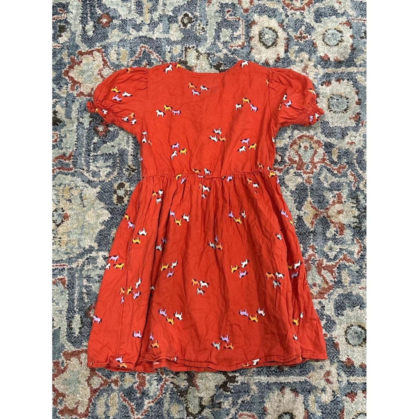 Cat & Jack Horse Print Dress Girls 8 Orange Smocked Puff Sleeve EUC3