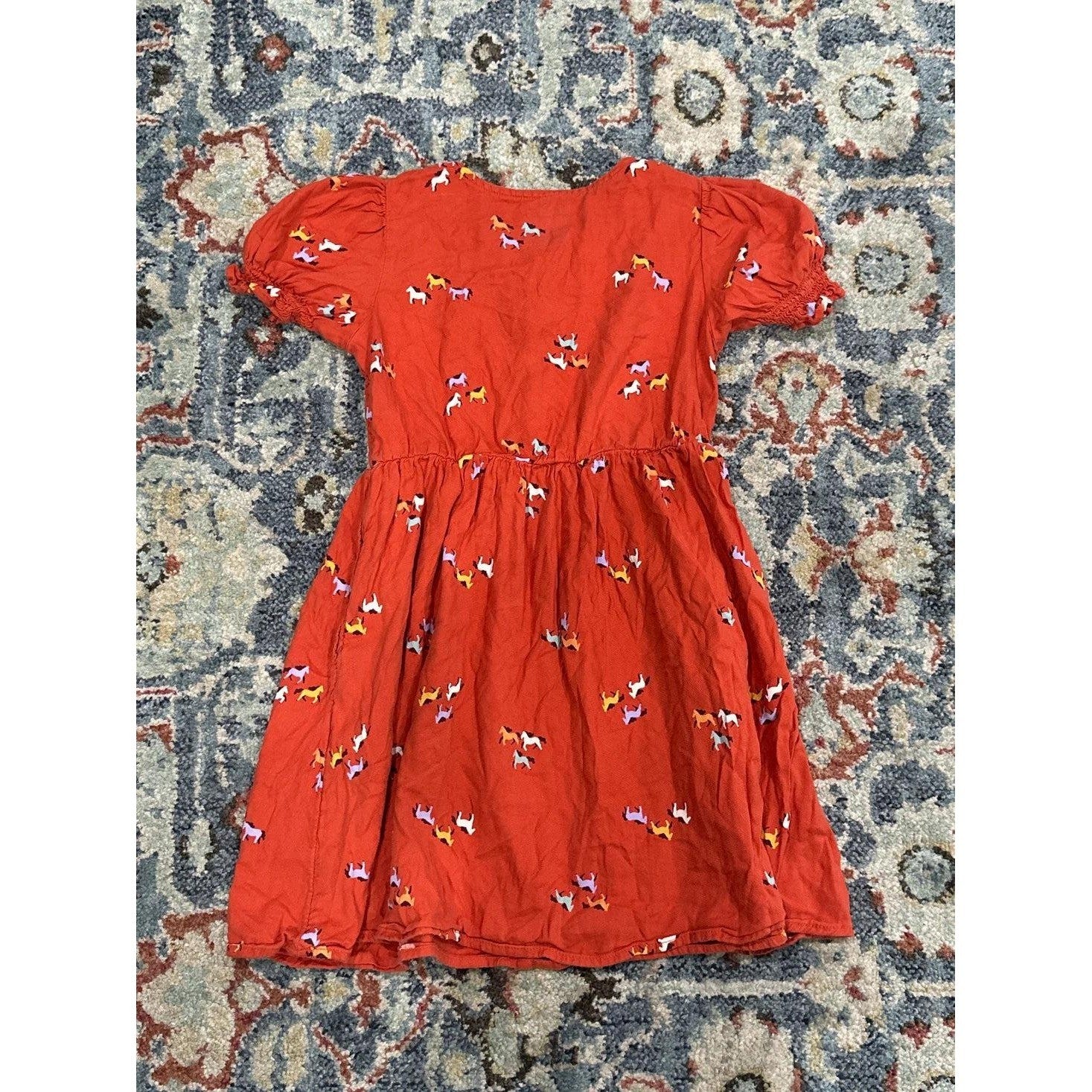 Cat & Jack Horse Print Dress Girls 8 Orange Smocked Puff Sleeve EUC3