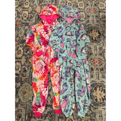 PJ Place Fleece Hooded One Piece Girls 5/6 Pink Blue Tie Dye Animals EUC Bundle0
