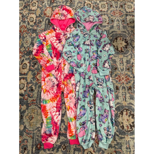 PJ Place Fleece Hooded One Piece Girls 5/6 Pink Blue Tie Dye Animals EUC Bundle0