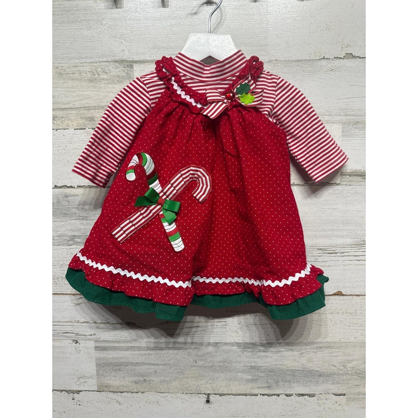 Candy Cane Dress Baby Girls 9M Red Holiday Ric Rac Corduroy EUC0
